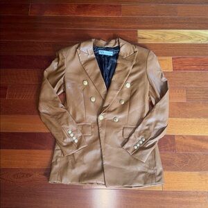 Zara Double-Breasted Faux Leather Blazer in Camel Brown